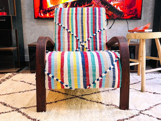 Moroccan Wool Lounge Chair with Walnut Frame