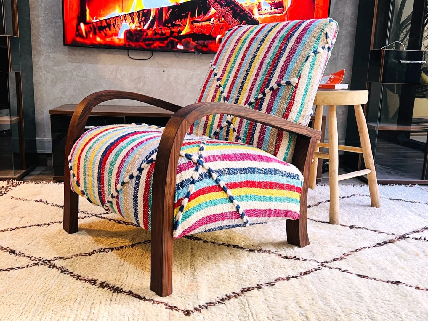 Moroccan Wool Lounge Chair with Walnut Frame