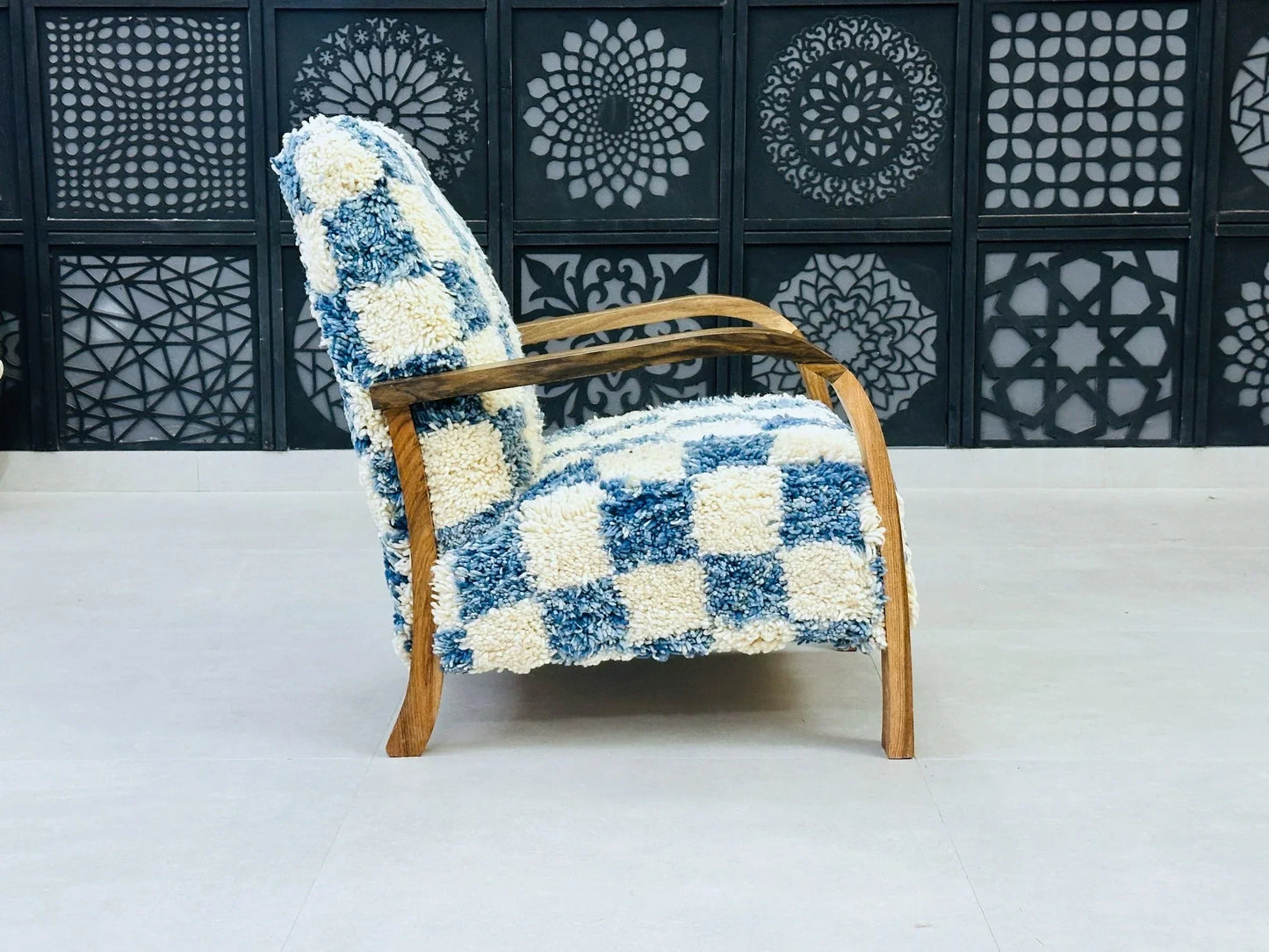 Moroccan Wool Lounge Chair with Walnut Frame