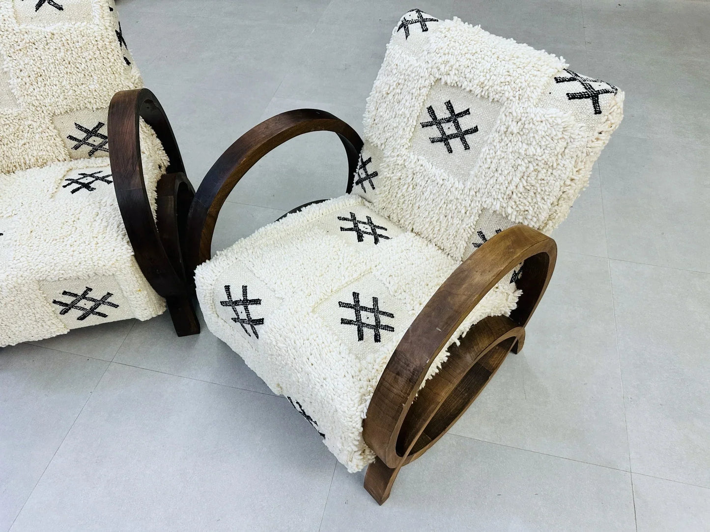 2 set of White Moroccan Wool Lounge Chair with Walnut Frame