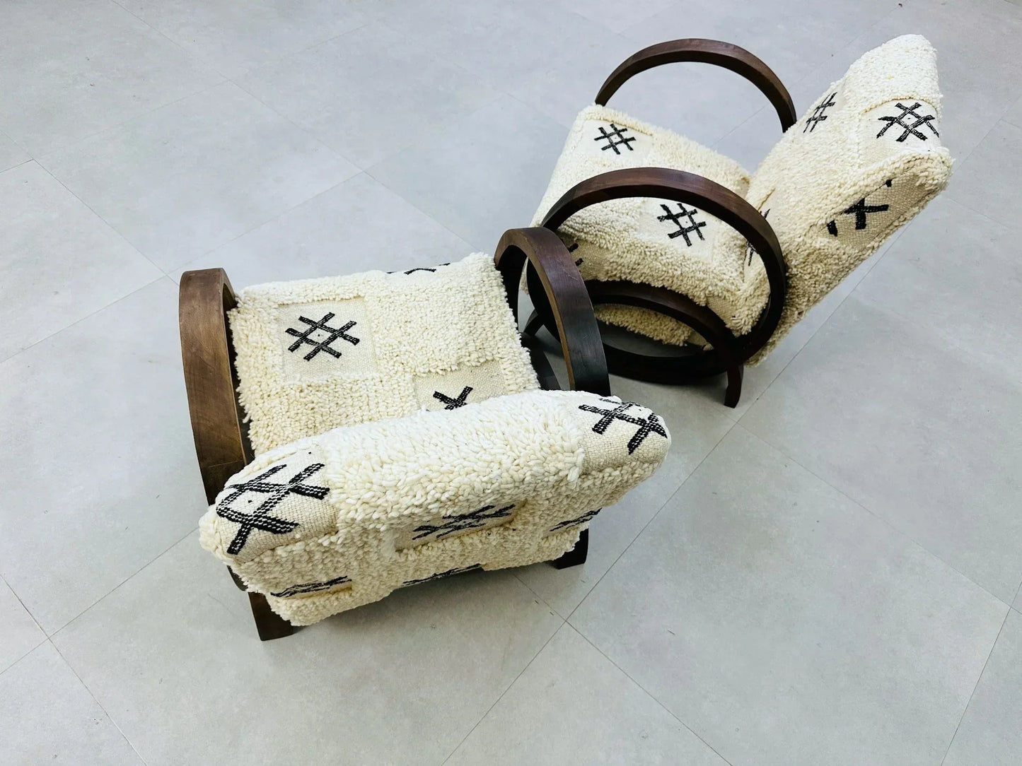 2 set of White Moroccan Wool Lounge Chair with Walnut Frame