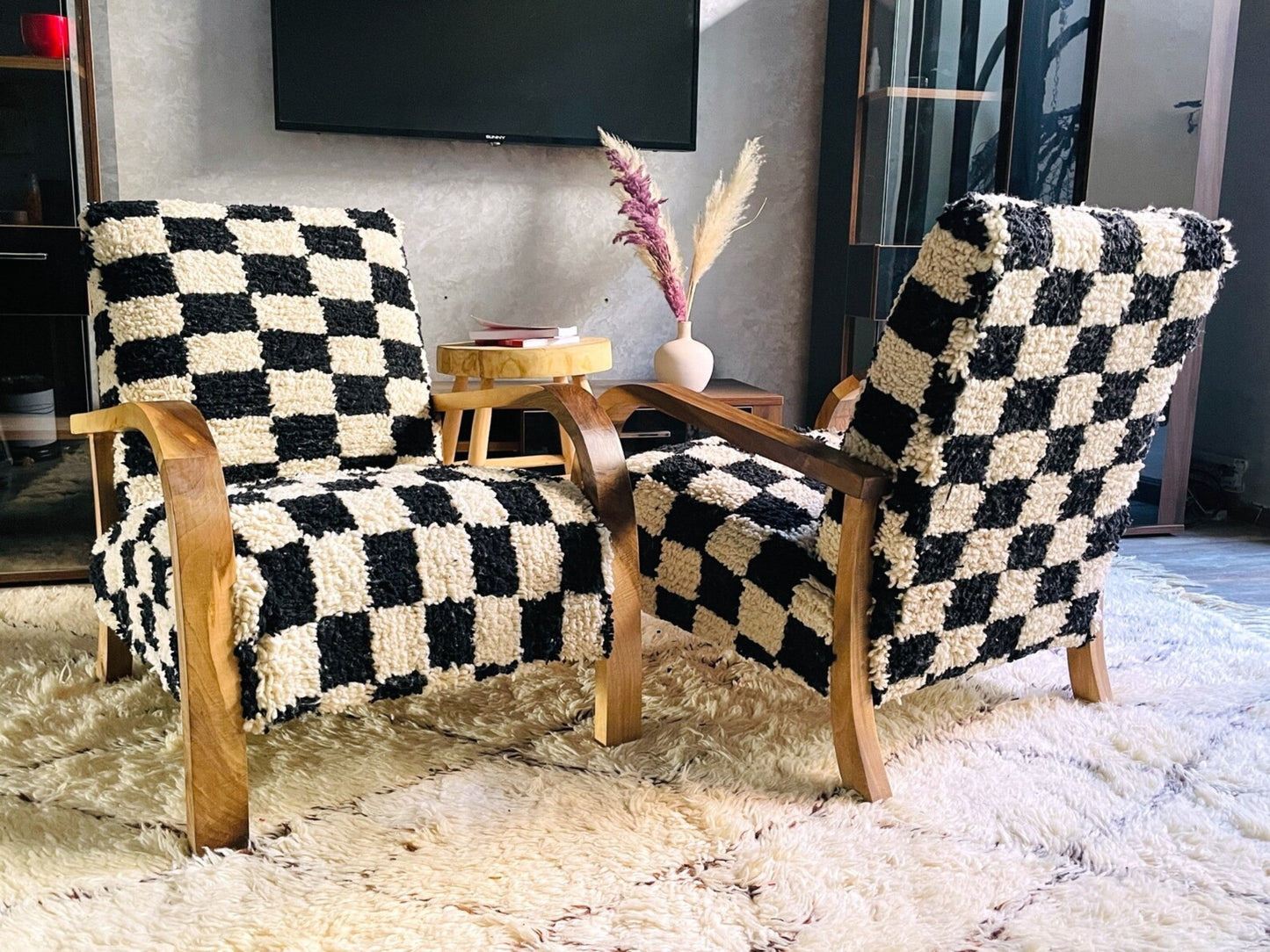 2 set of Moroccan Wool Lounge Chair with Walnut Frame