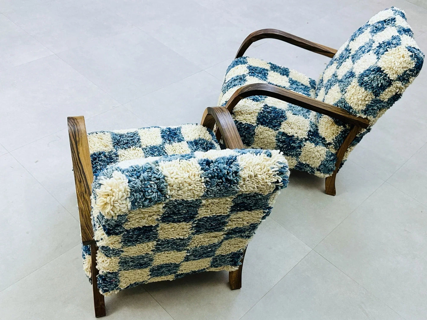 2 set of Moroccan Wool Lounge Chair with Walnut Frame