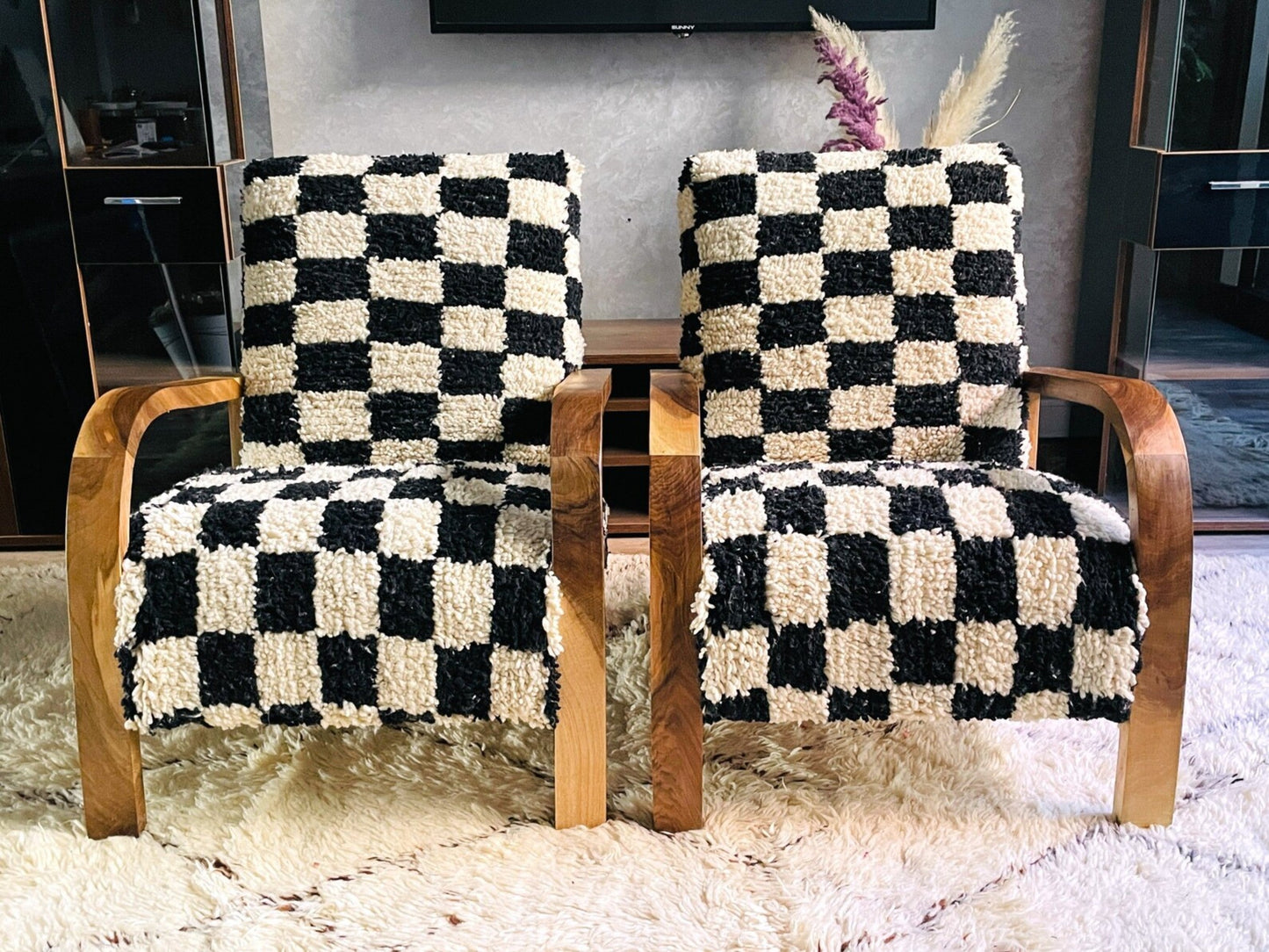 2 set of Moroccan Wool Lounge Chair with Walnut Frame