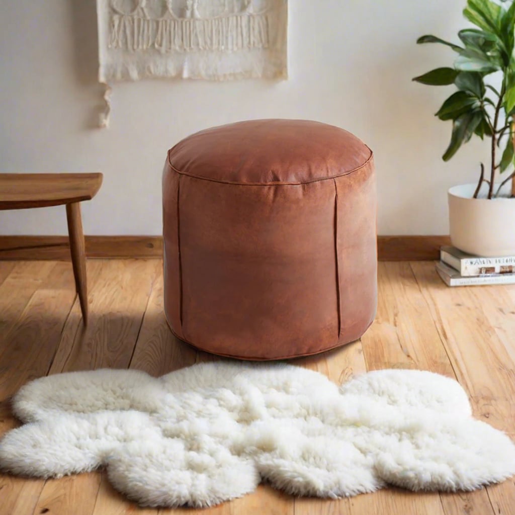 Hand-Stitched Round Leather Ottoman