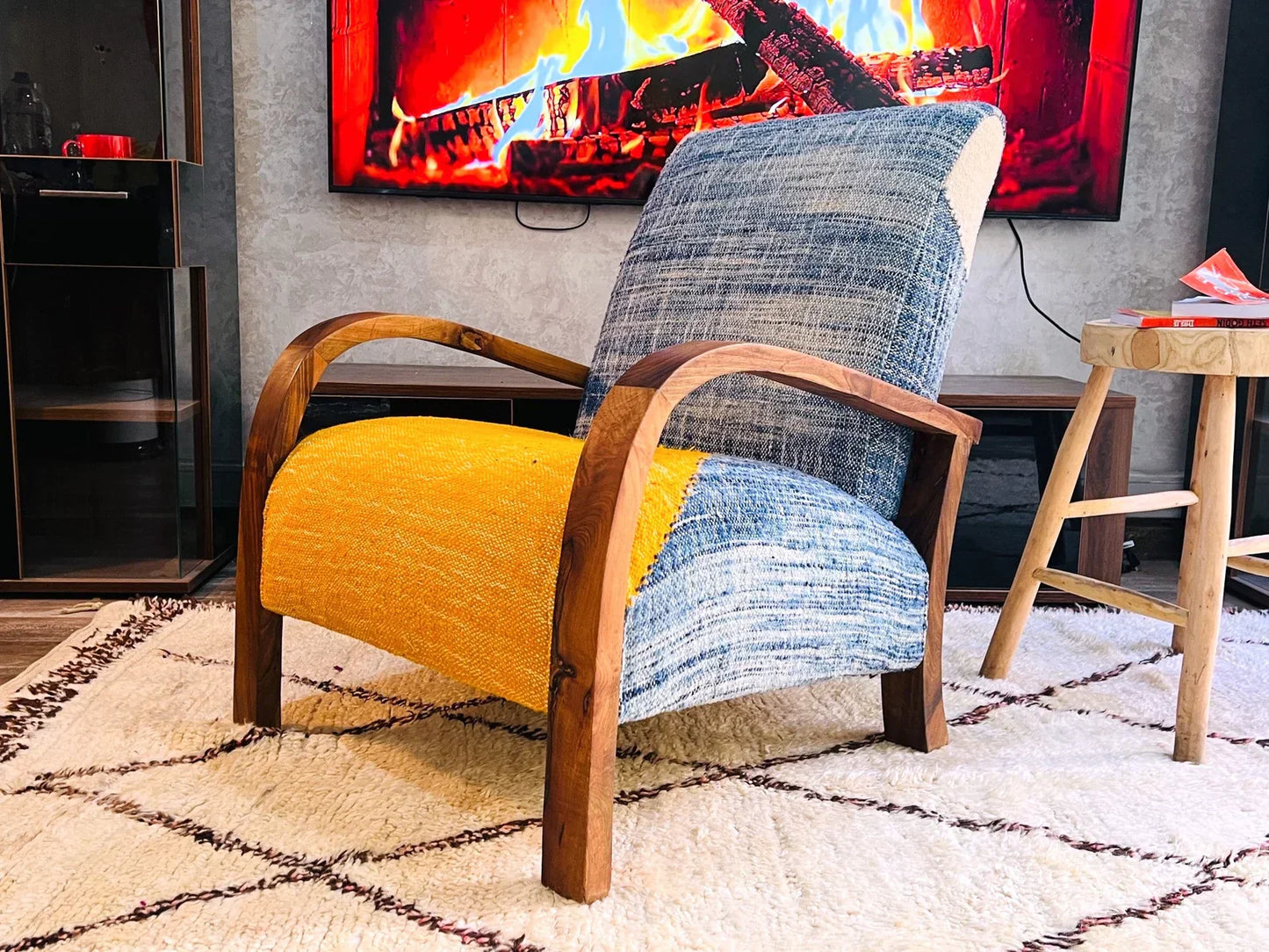 2 set of custom Moroccan Wool Lounge Chair with Walnut Frame