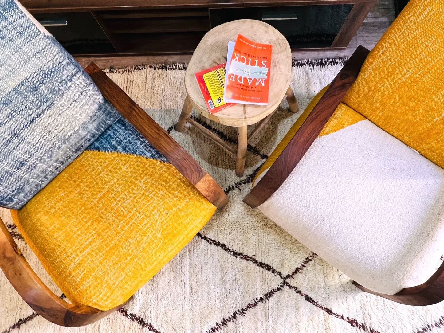 2 set of custom Moroccan Wool Lounge Chair with Walnut Frame