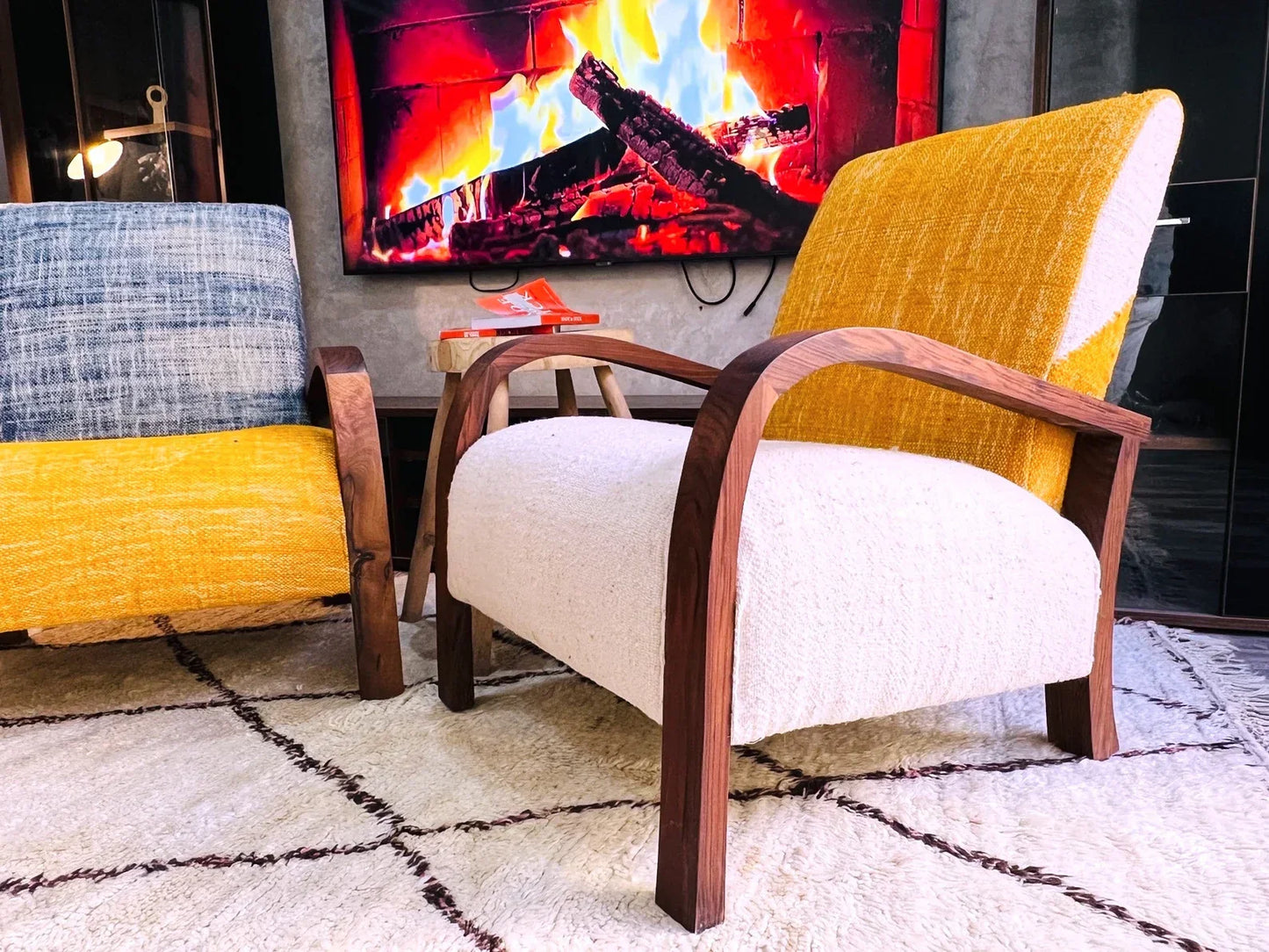 2 set of custom Moroccan Wool Lounge Chair with Walnut Frame