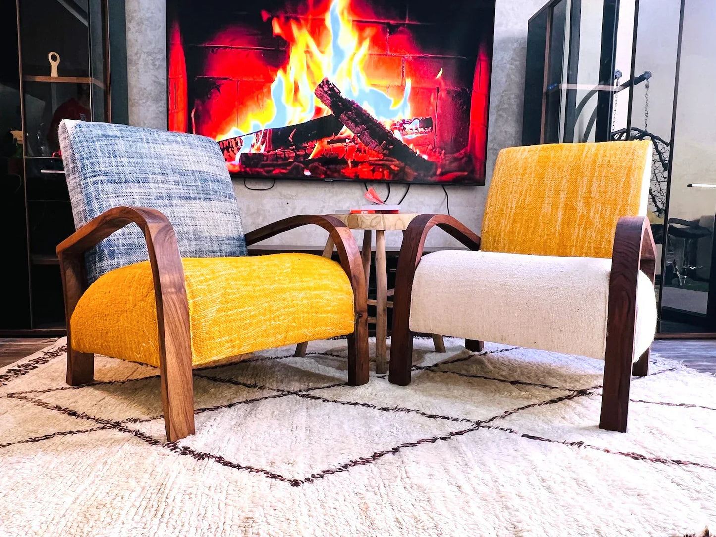 2 set of custom Moroccan Wool Lounge Chair with Walnut Frame