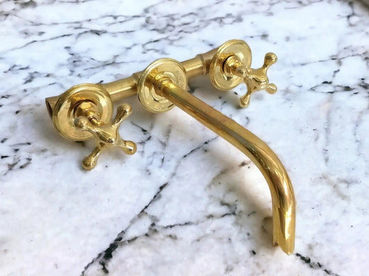Wall Mounted Bathroom Sink Faucet Unlacquered Brass #02