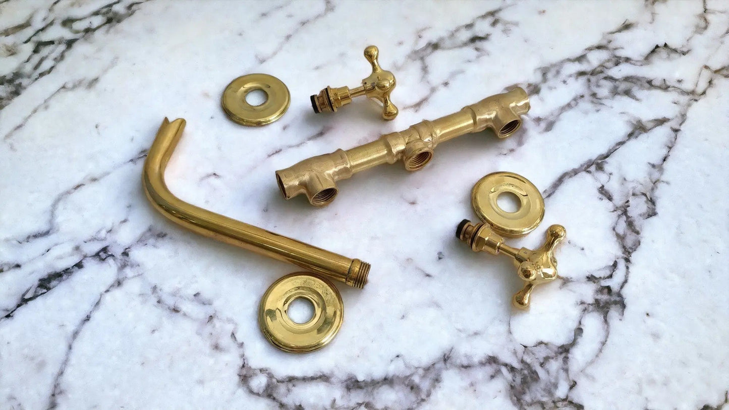 Wall Mounted Bathroom Sink Faucet Unlacquered Brass #02