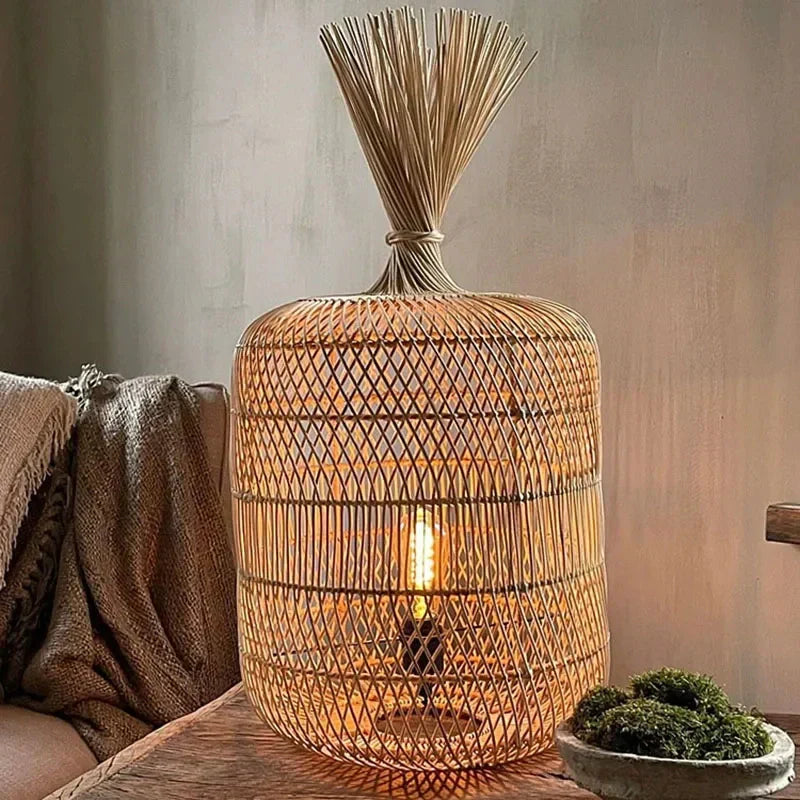 Vintage Handcrafted Wicker Floor Lamp – Elegant Boho Lighting for Every Space