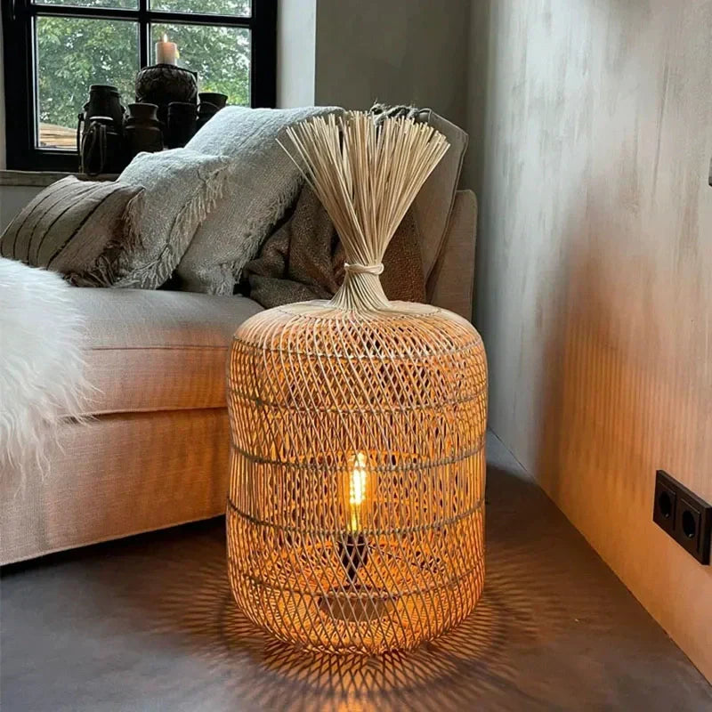 Vintage Handcrafted Wicker Floor Lamp – Elegant Boho Lighting for Every Space