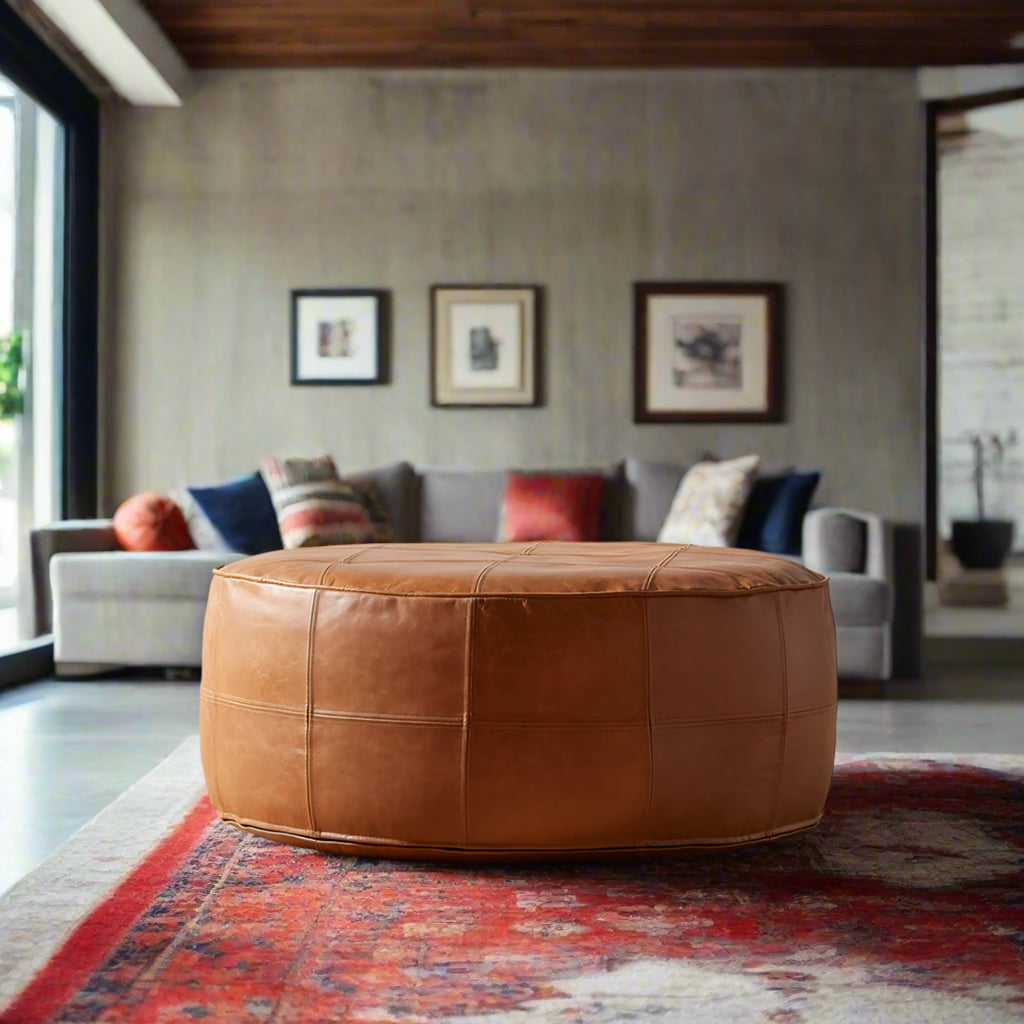 Round Leather Ottoman & Coffee Table