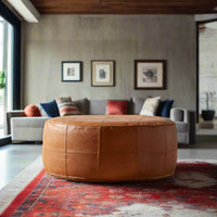 Round Leather Ottoman & Coffee Table
