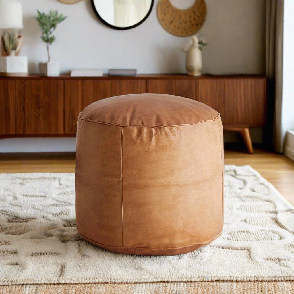 Hand-Stitched Round Leather Ottoman