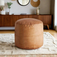 Hand-Stitched Round Leather Ottoman
