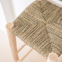 Tabouret de bar marocain avec dossier en bois et tressage en corde