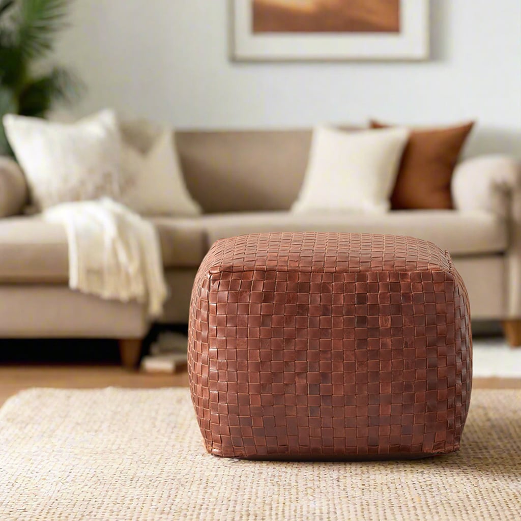 Woven Square Leather Pouf